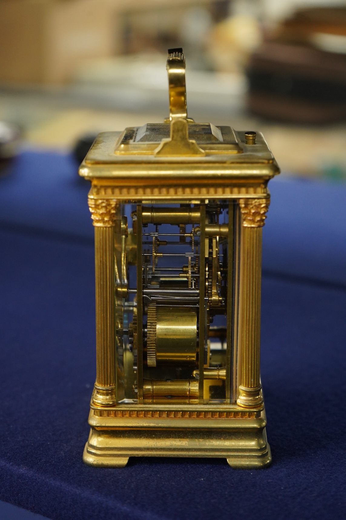 An early 20th century French brass carriage clock, gong-striking with repeat, 13cm high, 16.5cm high